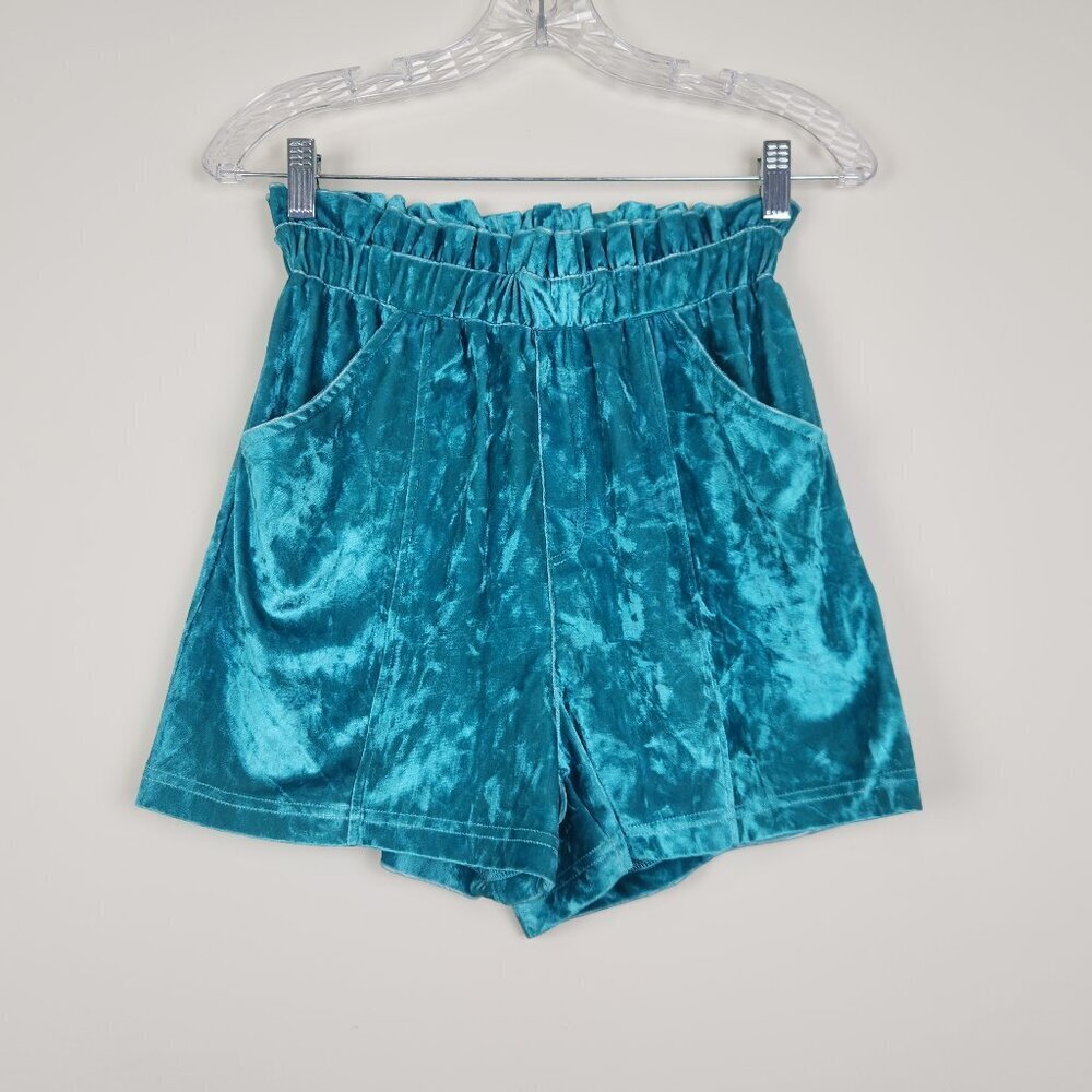 Rowdy Crowd Size S Crushed Velvet Teal Paperbag Stretch Shorts with Pockets